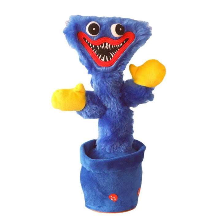 Blaues elektrisches Tanzplüschtier, gelbe Hände, fröhliches Gesicht, Kinder-Spielzeug.