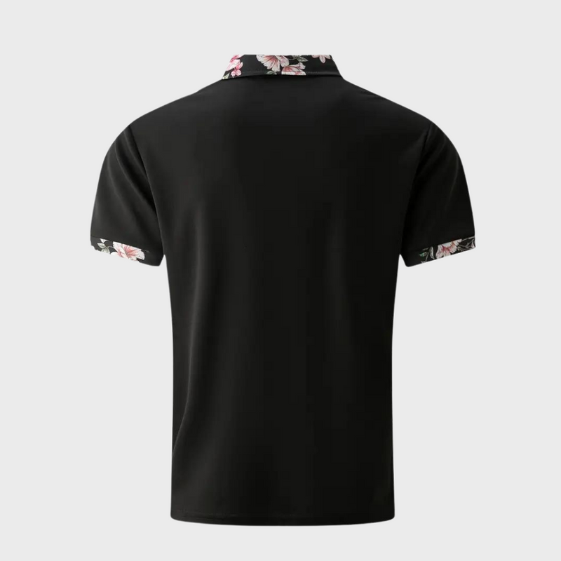 Schwarzes Herren-Poloshirt mit Blumenmuster, Kurzarm, modisch, Baumwolle.