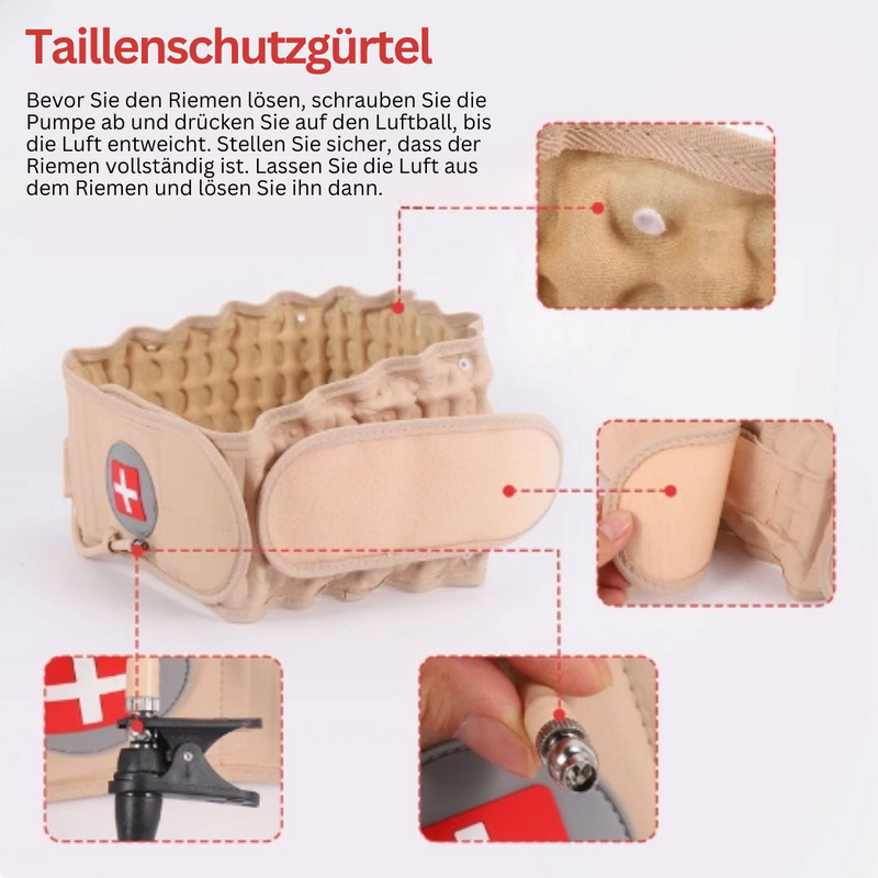 Aufblasbarer Taillenschutzgürtel, beige, mit Pumpe, für Rückenunterstützung und Haltungskorrektur.
