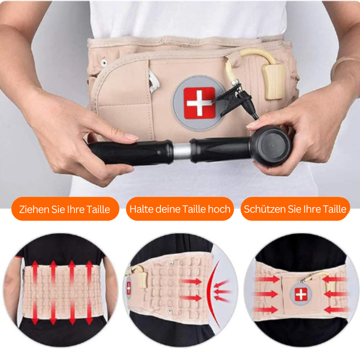 Beige Rückenstützgürtel mit Luftpumpe, orthopädische Haltungskorrektur, verstellbar.