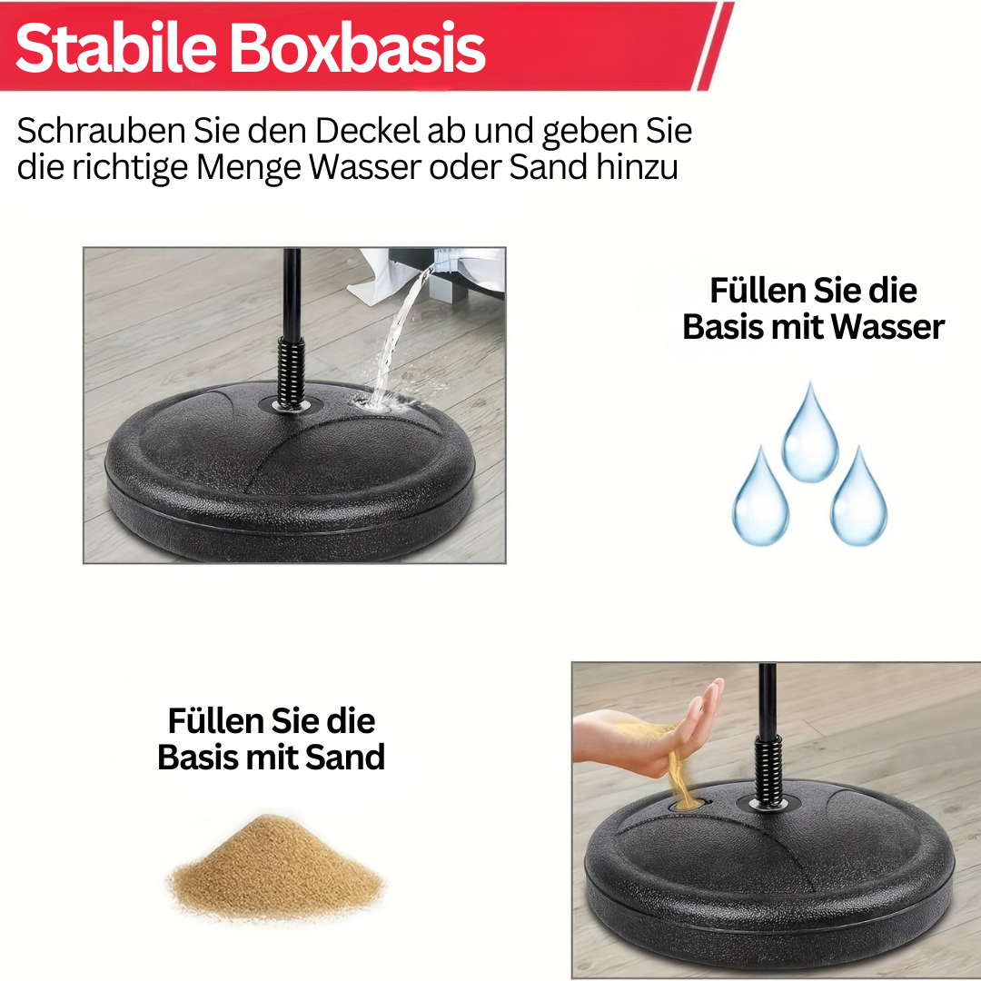 Stabile Boxbasis, schwarz, befüllbar mit Wasser oder Sand, für Standboxsäcke, rutschfest.