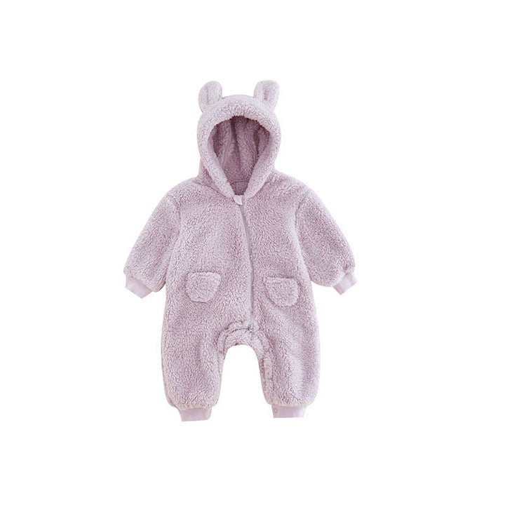 Lila Baby-Strampler mit Kapuze und Ohren, flauschig, warm, Unisex, Winterbekleidung.