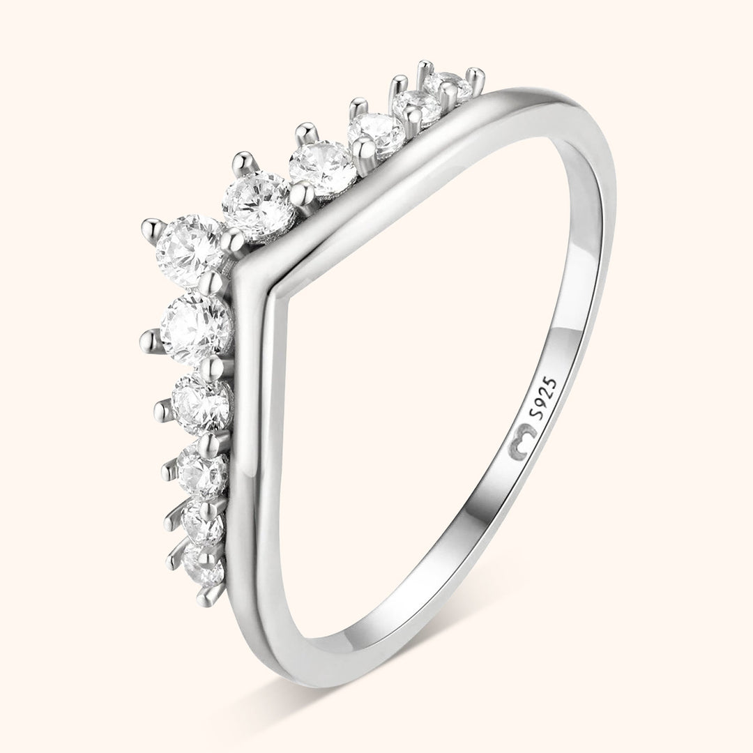 Silberner V-Ring mit Zirkonia-Steinen, minimalistisches Design, Damen-Schmuck, 925 Sterling Silber.