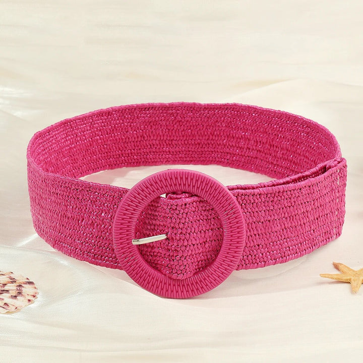 Rosa geflochtener Gürtel mit runder Schnalle, Damenmode Accessoire, Sommerstil.