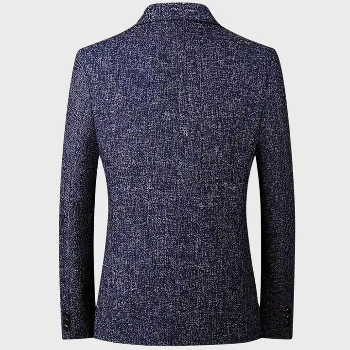Blauer Herrenblazer, stilvoll, strukturiert, Rückansicht, elegantes Design, hochwertige Mode.