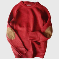 Roter Pullover mit braunen Ellbogen-Patches, Strick, Unisex, modisch, warm, Herbstmode.