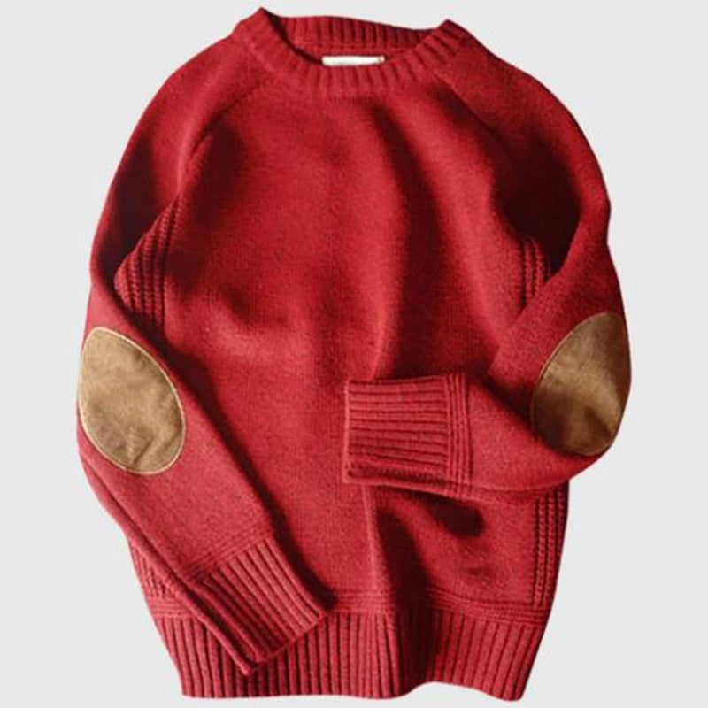 Roter Pullover mit braunen Ellbogen-Patches, Strick, Unisex, modisch, warm, Herbstmode.