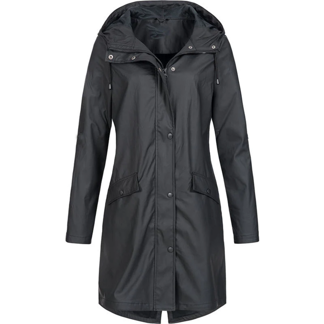 Damen Regenjacke schwarz, wasserdicht, Kapuze, Outdoor-Bekleidung, modisch, funktional.