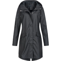Damen Regenjacke schwarz, wasserdicht, Kapuze, Outdoor-Bekleidung, modisch, funktional.