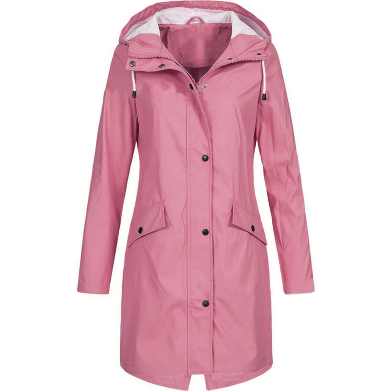 Damen Regenjacke rosa, wasserdicht, Kapuze, modisch, Outdoor-Bekleidung, Herbstmode.