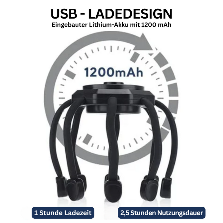 Schwarzer Kopfhaut-Massager mit USB-Ladedesign, 1200mAh Akku, 1 Stunde Ladezeit.