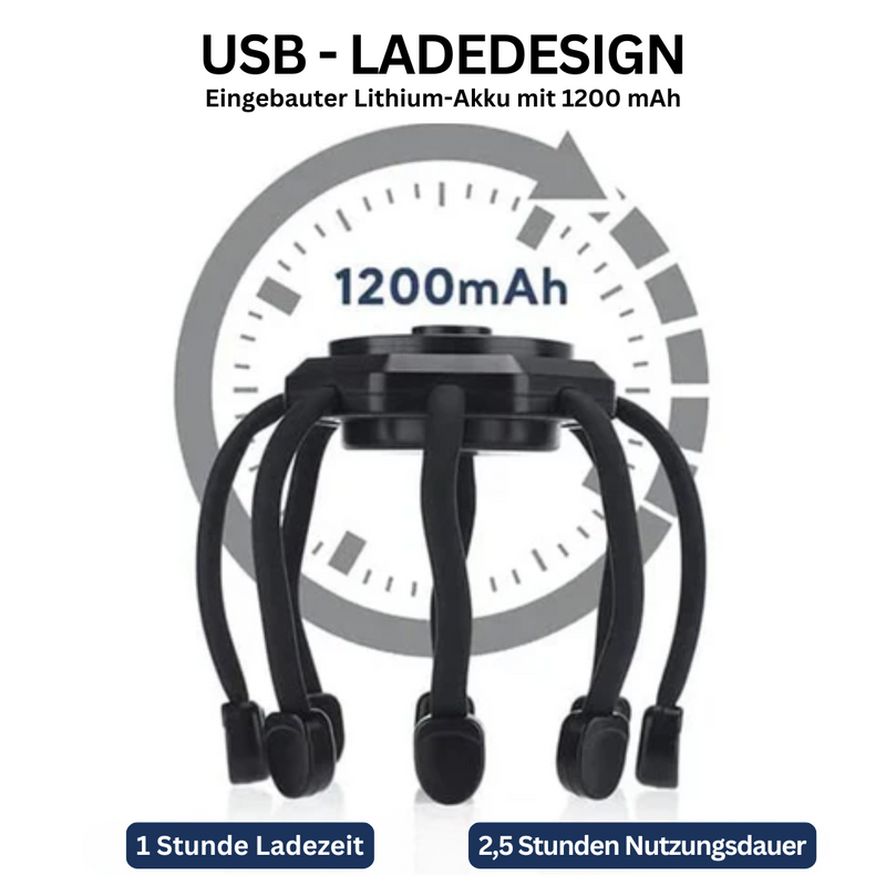 Schwarzer Kopfhaut-Massager mit USB-Ladedesign, 1200mAh Akku, 1 Stunde Ladezeit.