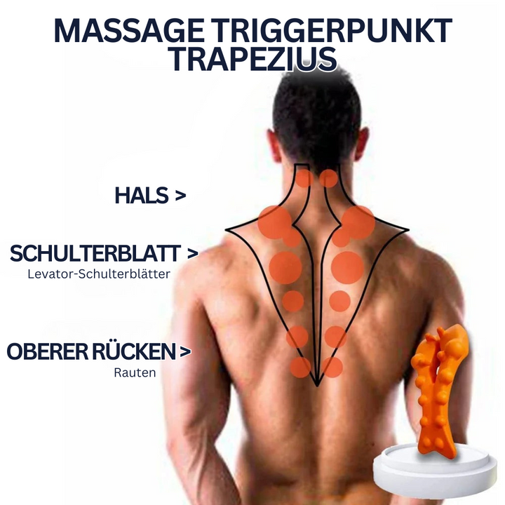 Mann mit Massagegerät für Triggerpunkt-Therapie, Trapezius, Nacken, Schulterblatt, oberer Rücken.