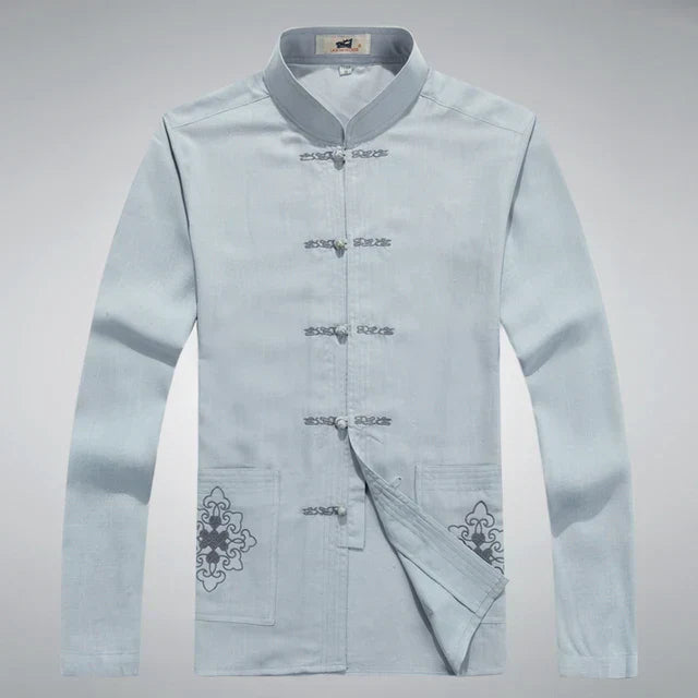 Traditionelle chinesische Tang-Jacke für Herren, hellblau, Baumwolle, bestickte Details.