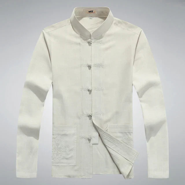 Traditionelle chinesische Tang-Anzugjacke für Herren, weiß, Baumwolle, Stehkragen, Knopfverschluss.