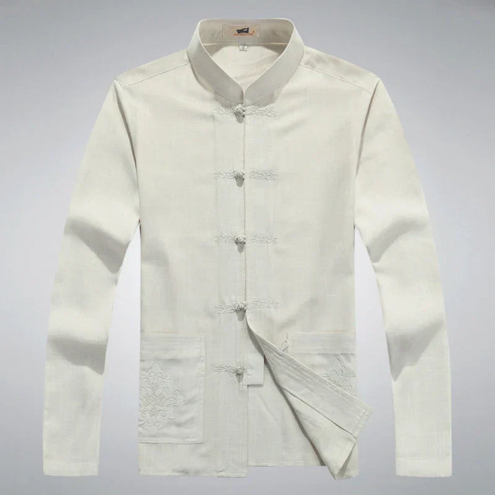 Traditionelle chinesische Tang-Anzugjacke für Herren, weiß, Baumwolle, Stehkragen, Knopfleiste.