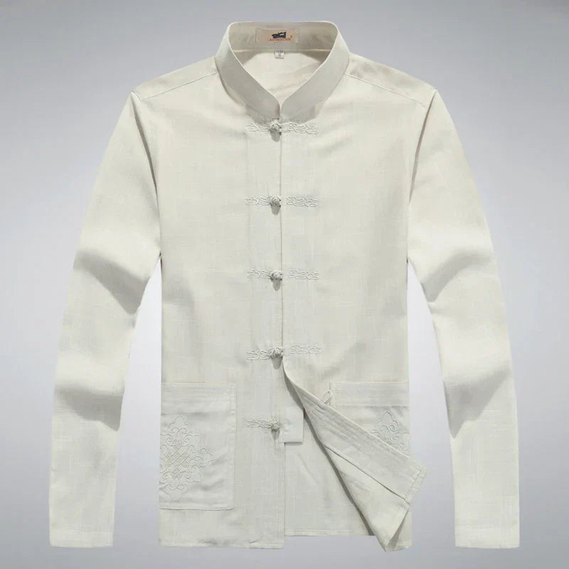 Traditionelle chinesische Tang-Anzugjacke für Herren, weiß, Baumwolle, Stehkragen, Knopfleiste.