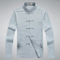 Chinesische traditionelle Tang-Jacke für Herren, hellblau, Baumwolle, bestickt.