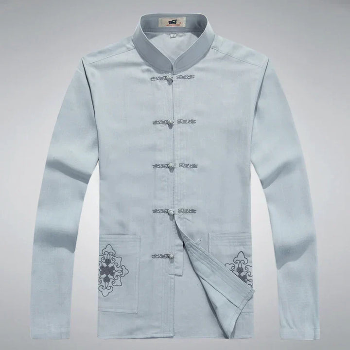 Traditionelle chinesische Tang-Jacke für Herren, hellblau, Baumwolle, Stehkragen, Knopfverschluss.