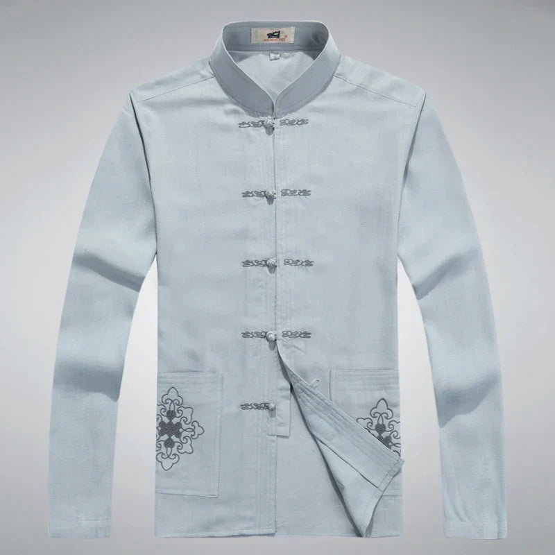 Traditionelle chinesische Tang-Jacke für Herren, hellblau, Baumwolle, Stehkragen, Knopfverschluss.