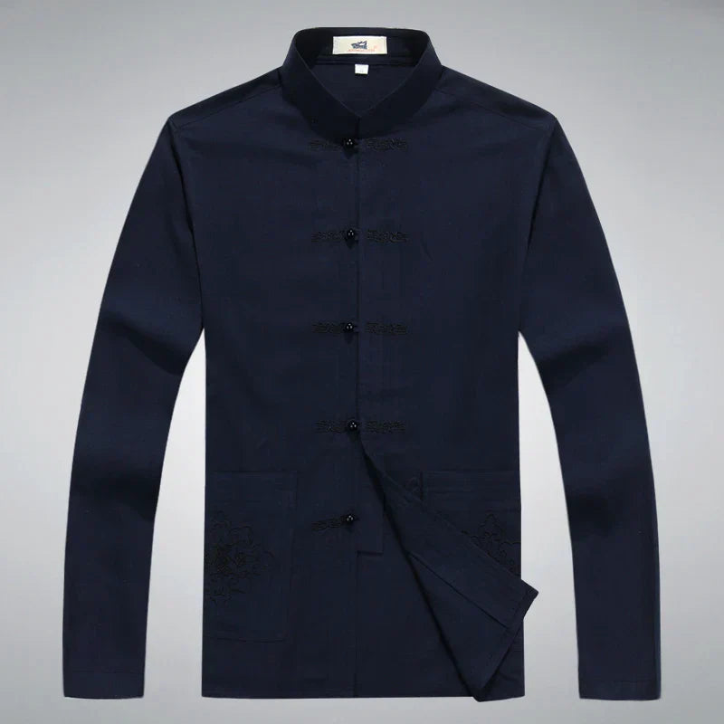 Traditionelle chinesische Tang-Anzugjacke für Herren, dunkelblau, Baumwolle, Knopfleiste.