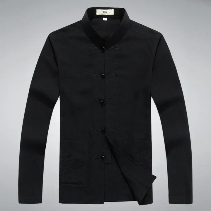 Schwarze traditionelle chinesische Tang-Jacke für Herren, elegante asiatische Mode.
