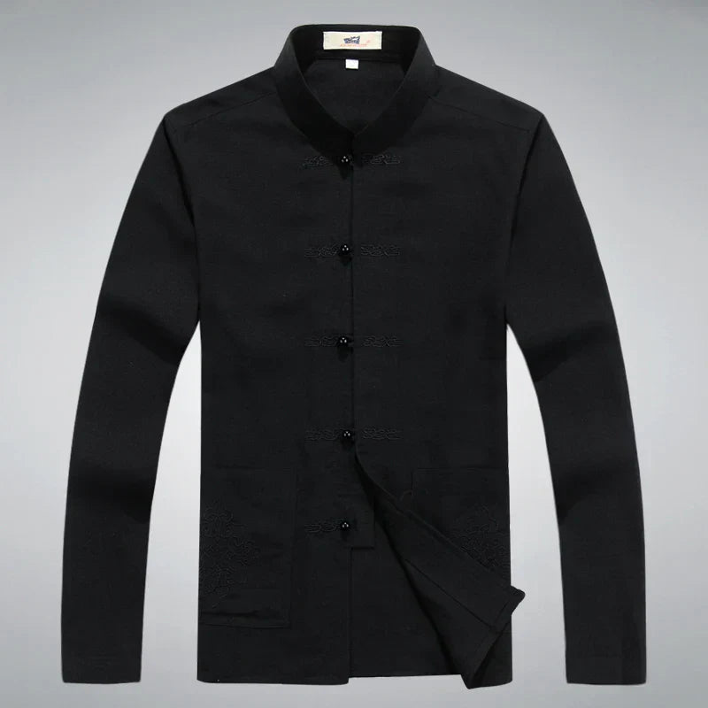 Schwarze traditionelle chinesische Tang-Jacke für Herren, elegante asiatische Mode.
