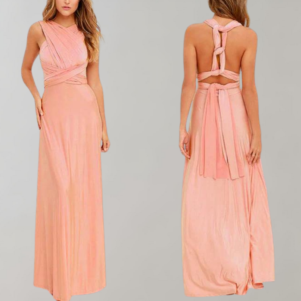 Rosa festliches Damen-Wickelkleid, ärmellos, bodenlang, elegantes Design für Hochzeiten.