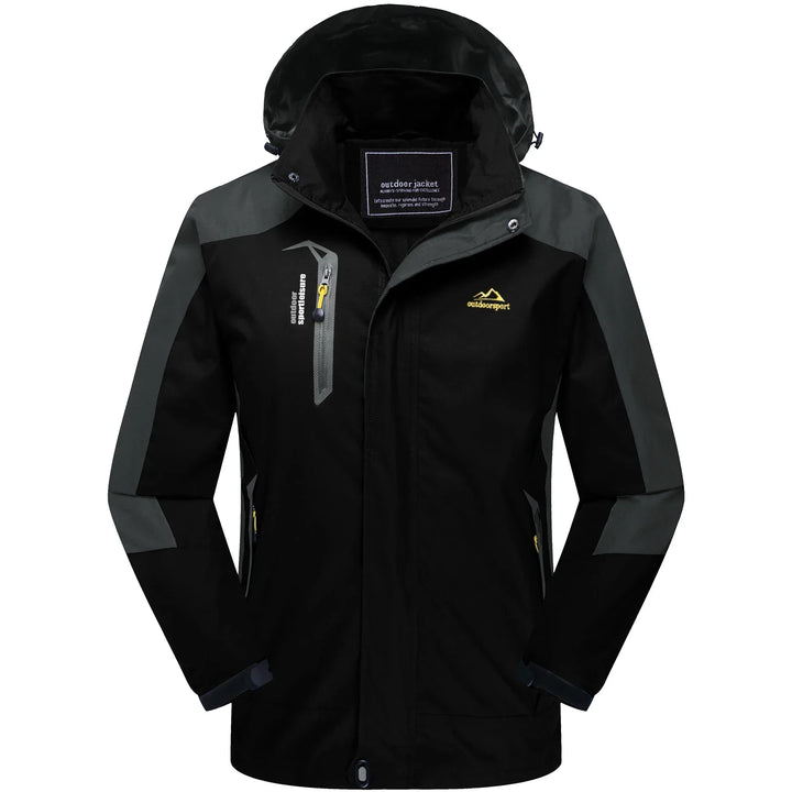 Schwarze Outdoor-Jacke mit Kapuze, wasserdicht, winddicht, Herren, funktional, atmungsaktiv.