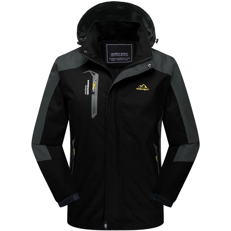 Schwarze Outdoor-Jacke mit Kapuze, wasserdicht, winddicht, Herren, funktional, atmungsaktiv.