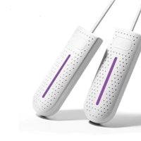 Weiße elektrische Schuhwärmer mit lila Streifen, tragbar, energiesparend, für Winterstiefel.