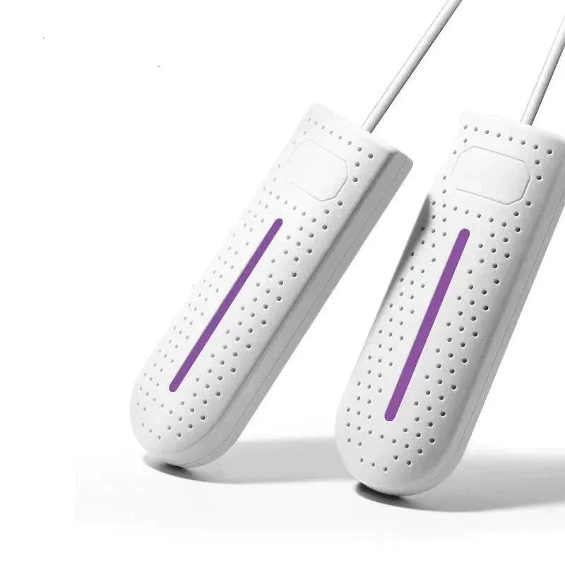 Weiße elektrische Schuhwärmer mit lila Streifen, tragbar, energiesparend, für Winterstiefel.