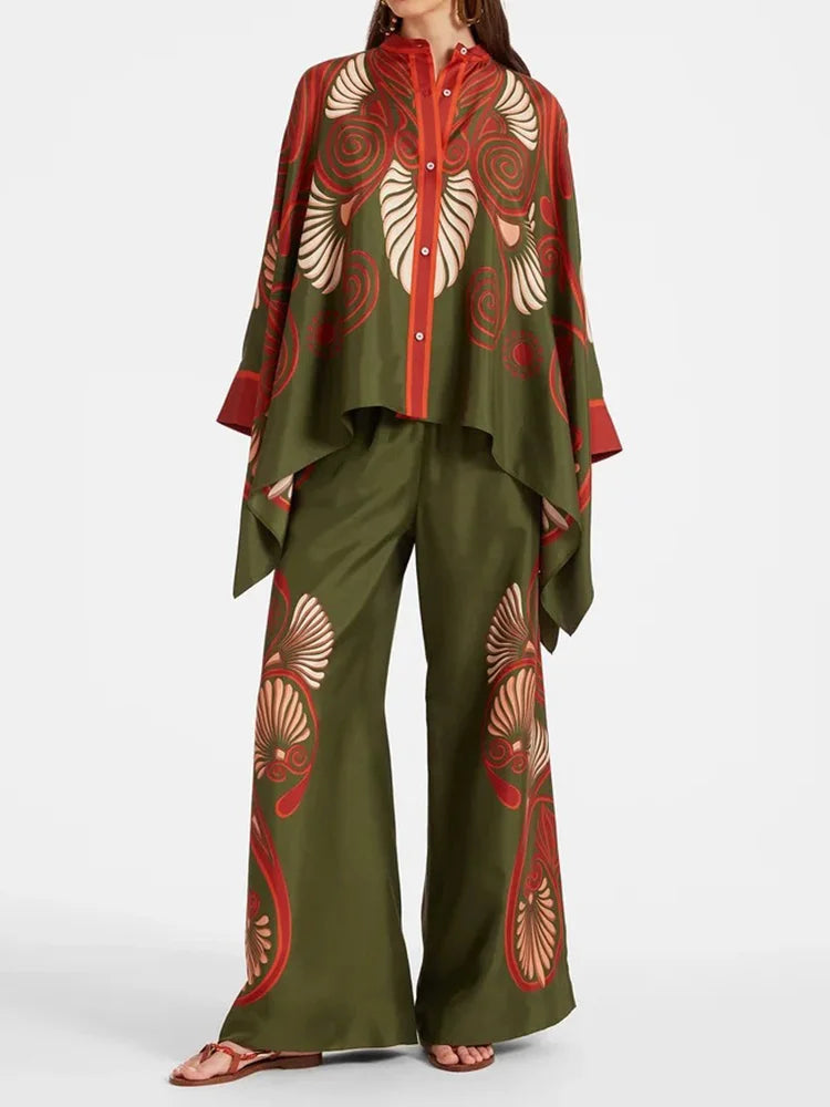 Zweiteiliges Damen Leinen Streetwear-Set Mit Ethno-Print – Samira Herbstedition