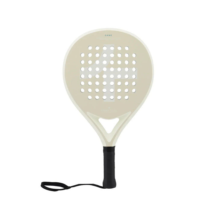 Beiger Padel-Schläger mit schwarzem Griff und Handschlaufe, ideal für Padel-Tennis-Spiel.