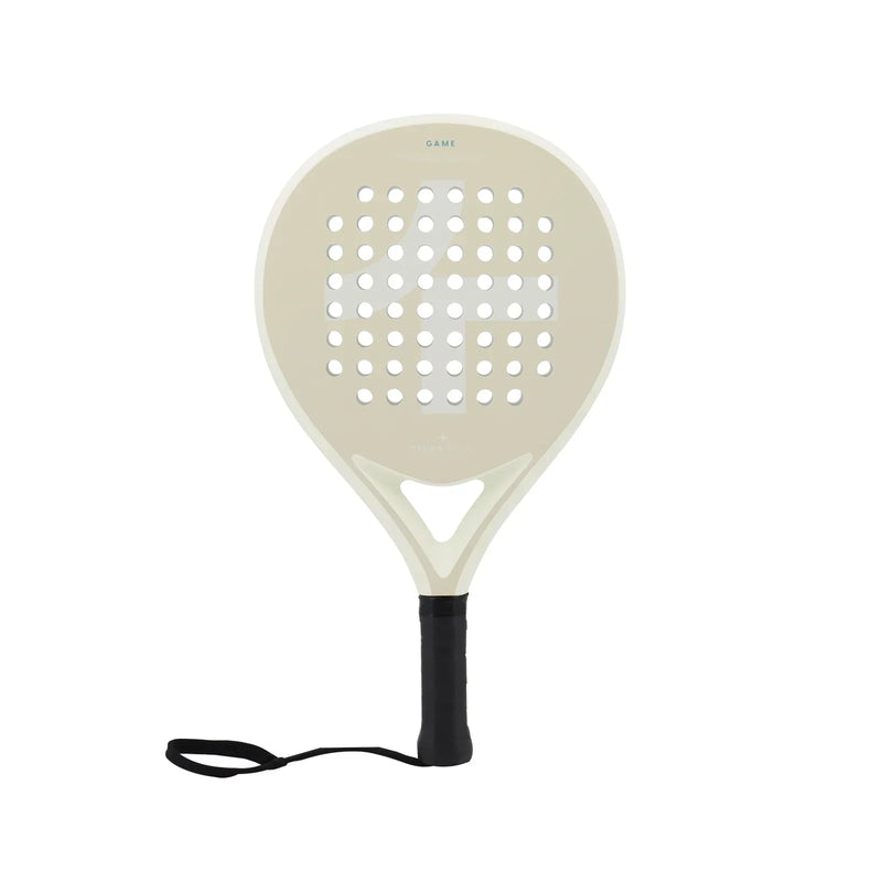 Beiger Padel-Schläger mit schwarzem Griff und Handschlaufe, ideal für Padel-Tennis-Spiel.