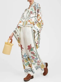 Zweiteiliges Damen Leinen Streetwear-Set Mit Ethno-Print – Samira Herbstedition