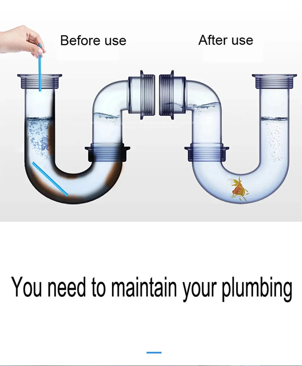 Transparenter Siphon mit Wasserfluss, Vorher-Nachher-Vergleich, Rohrreinigung, Abflussreinigung.