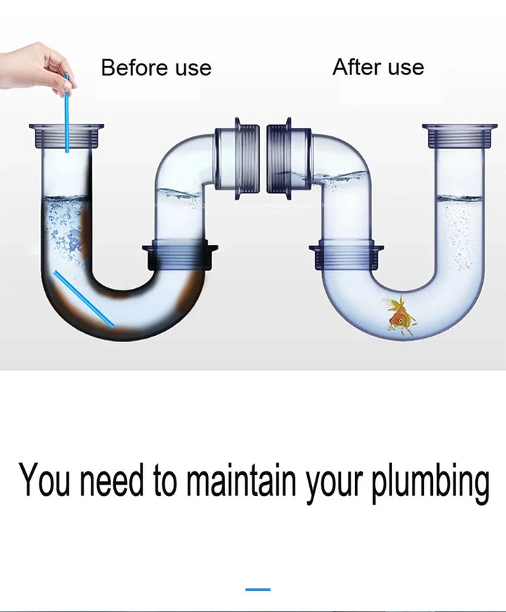 Transparenter Siphon mit Wasserfluss, Vorher-Nachher-Vergleich, Rohrreinigung, Abflussreinigung.