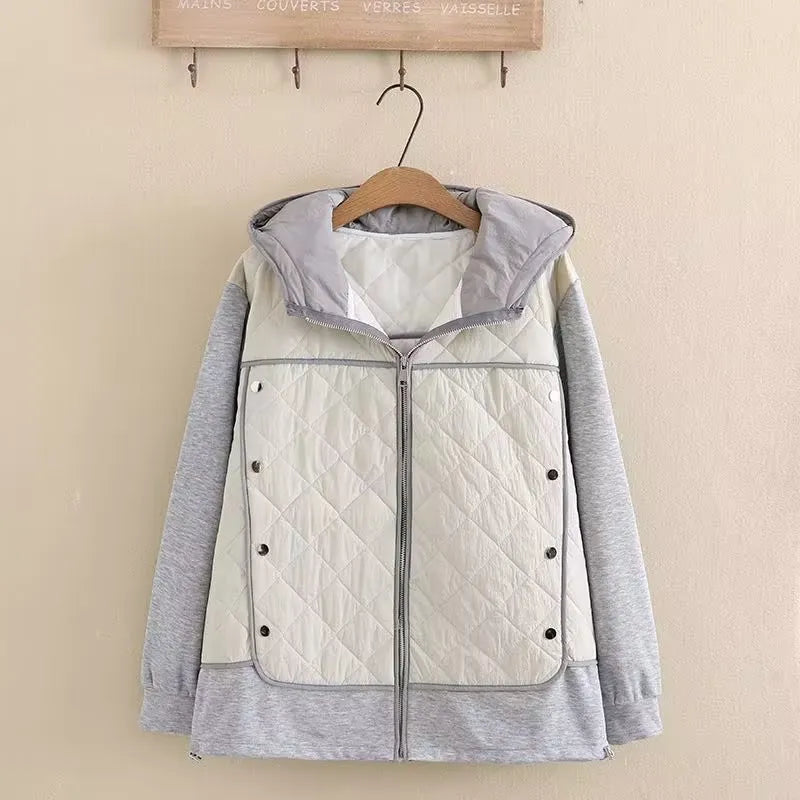 Damen Kapuzenjacke, grau-weiß, Steppdesign, Reißverschluss, Freizeitmode, Herbstkleidung.