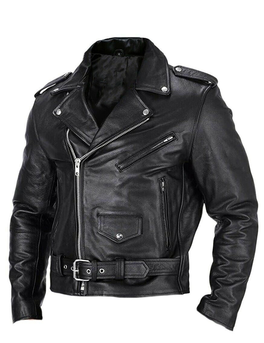 Schwarze Lederjacke für Herren, Biker-Stil, Reißverschluss, Gürtel, modisch, robust.