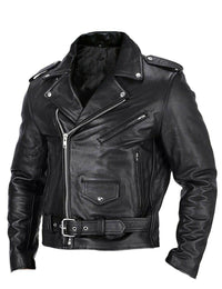 Schwarze Lederjacke für Herren, Biker-Stil, Reißverschluss, Gürtel, modisch, robust.