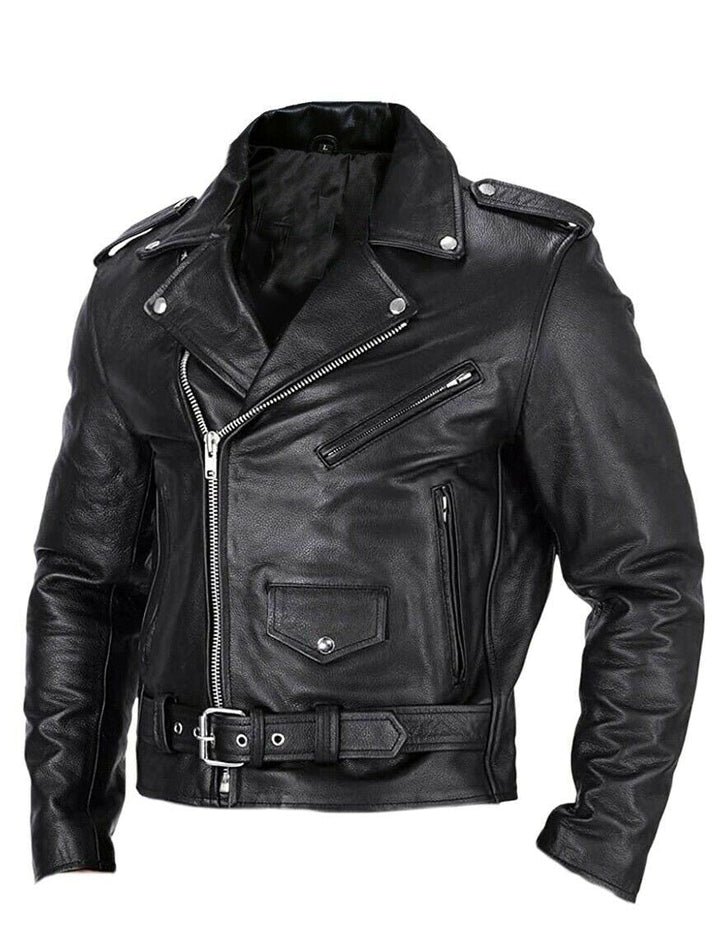 Schwarze Lederjacke für Herren, Biker-Stil, Reißverschluss, Gürtel, modisch, robust.