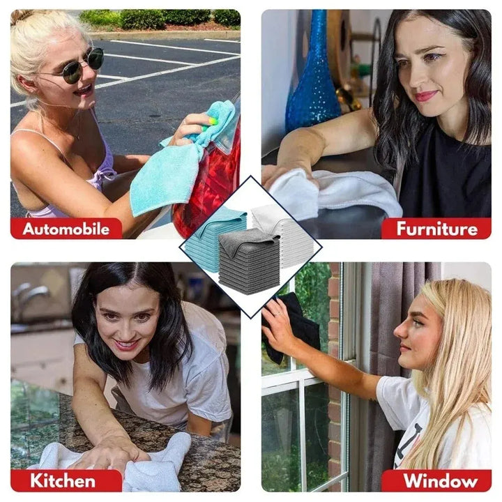 Personen reinigen Auto, Möbel, Küche, Fenster mit Mikrofaser-Reinigungstüchern.