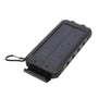 Schwarzes Solar-Powerbank-Ladegerät mit Karabiner, tragbar, robust, USB-Anschlüsse.