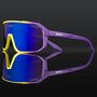 Lila-gelbe Sportsonnenbrille mit blauen Gläsern, reflektierend, modisch, für Outdoor-Aktivitäten.