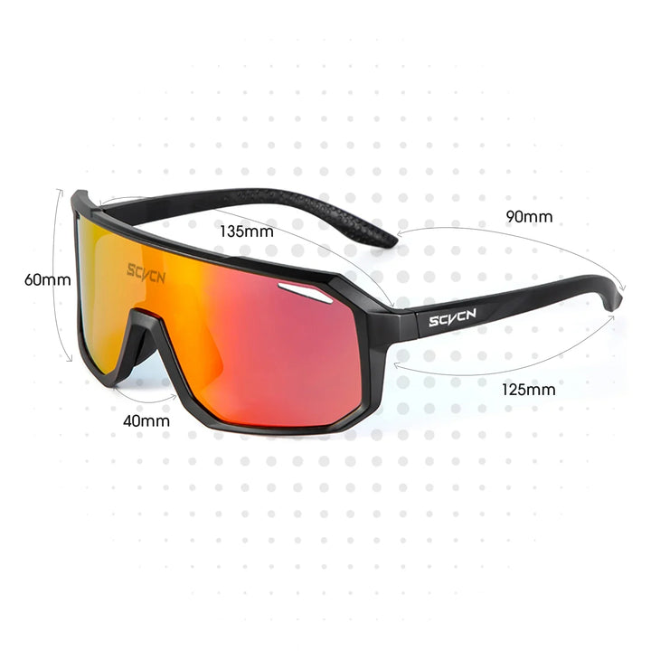 Schwarze Sportsonnenbrille mit roten verspiegelten Gläsern, UV-Schutz, aerodynamisches Design.