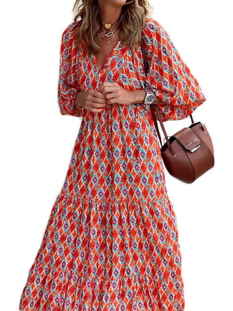 Herbstliches bedrucktes Maxikleid mit Taillenbund – Aurelia