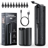 Elektrischer Ohrenschmalzentferner, schwarz, mit Zubehör und USB-Kabel, wasserfest.