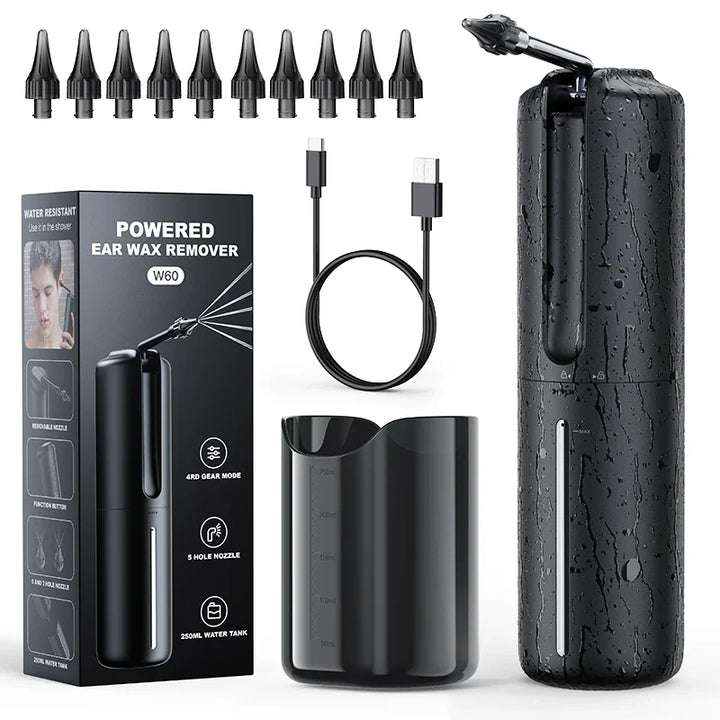 Elektrischer Ohrenschmalzentferner, schwarz, mit Zubehör und USB-Kabel, wasserfest.