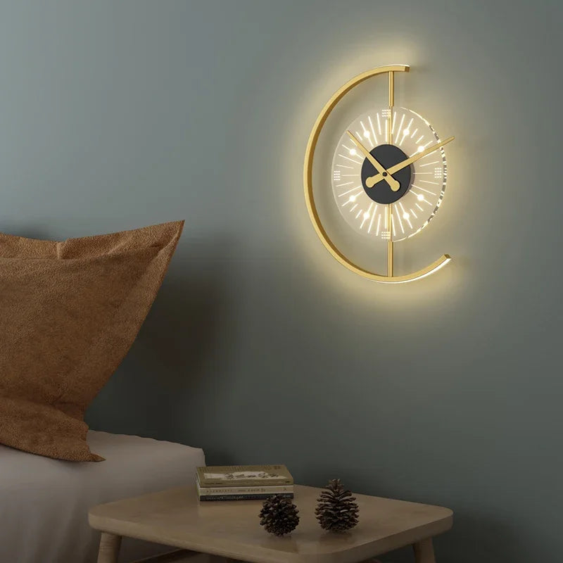 Moderne Wanduhr mit LED-Beleuchtung, goldfarben, rund, dekorativ, Schlafzimmer-Dekor.